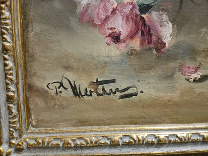 Peinture à l'huile P. Mertens (XX) bouquet de fleurs rose et blanc œillets