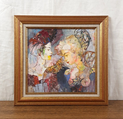 Chuchotements et ailes, peinture huile sur panneau originale Tempera, artiste Berezhna