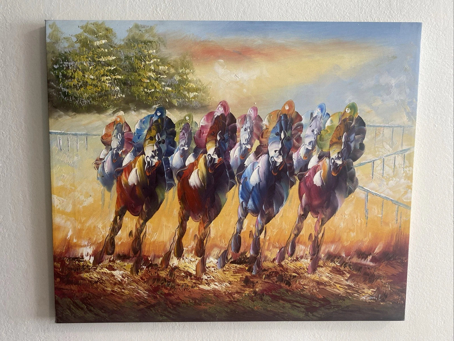 art-decoration-tableau-peinture-huile-toile-scene-course-hippique-chevaux-galop-jockey-moderne