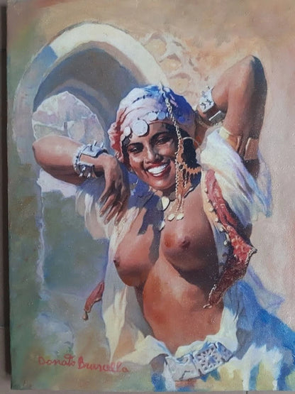 art-decoration-tableau-peinture-huile-toile-portrait orientelisme-femme-berbere-seins-nu