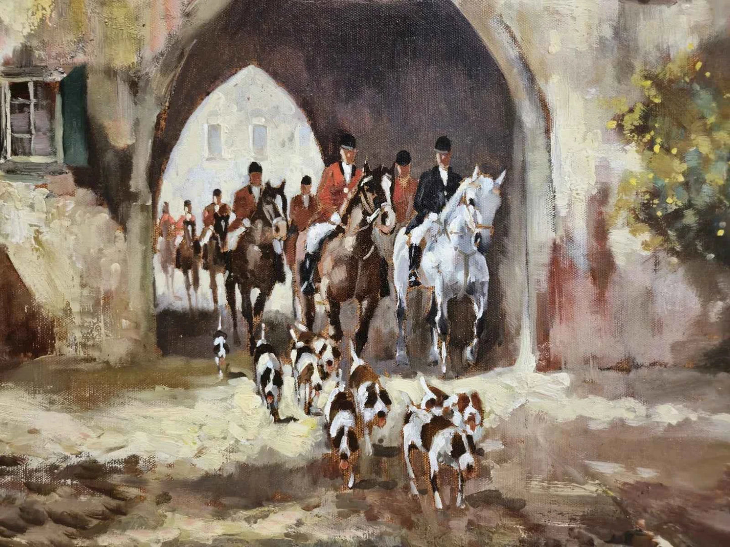 art peinture huile sur toile Une scène de chasse à travers les siècles, capturée avec la richesse des couleurs et la précision du détail.