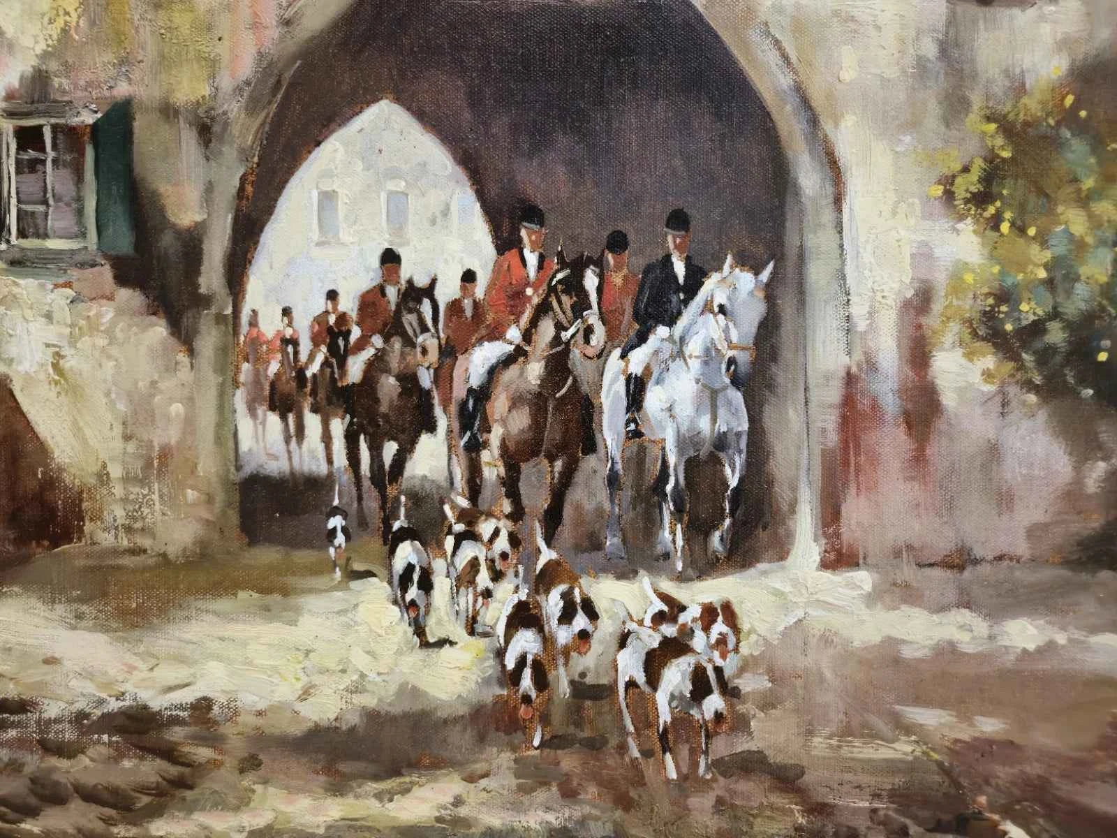 art peinture huile sur toile Une scène de chasse à travers les siècles, capturée avec la richesse des couleurs et la précision du détail.