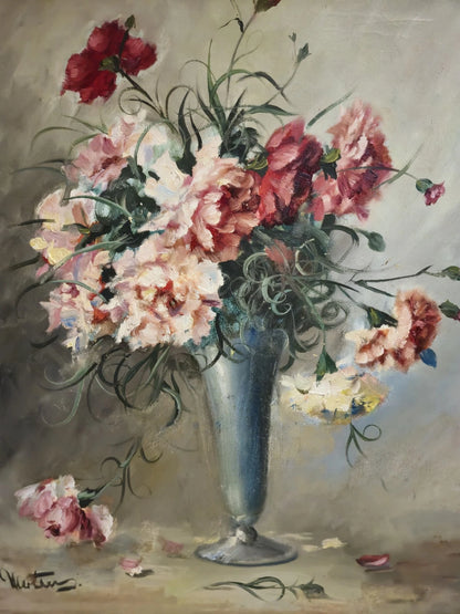 Peinture à l'huile P. Mertens (XX) bouquet de fleurs rose et blanc œillets