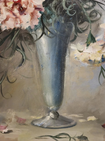 Peinture à l'huile P. Mertens (XX) bouquet de fleurs rose et blanc œillets