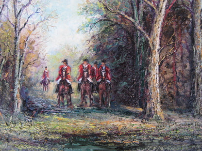 art-decoration-tableau-peinture-huile-toile-scene-chasse-cour-chevaux-foret
