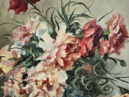 Peinture à l'huile P. Mertens (XX) bouquet de fleurs rose et blanc œillets