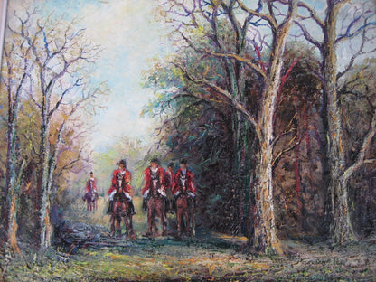 art-decoration-tableau-peinture-huile-toile-scene-chasse-cour-chevaux-foret