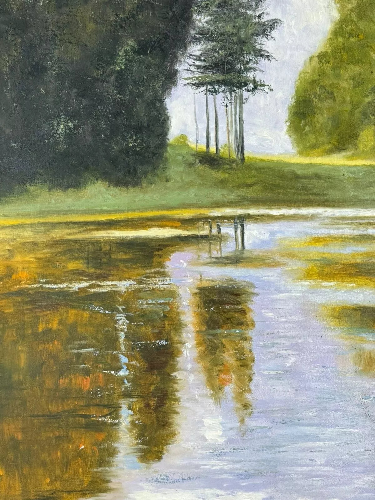 art-decoration-tableau-peinture-huile-toile-paysage-etang-enchanté-reflet-arbres