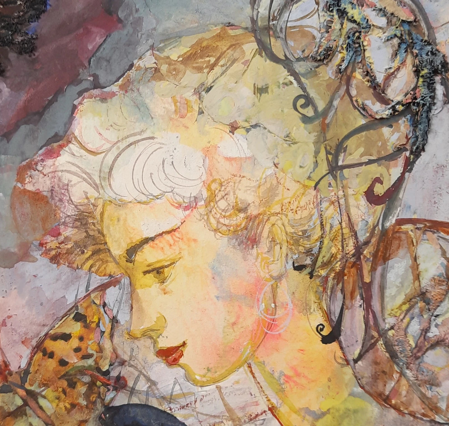 Chuchotements et ailes, peinture huile sur panneau originale Tempera, artiste Berezhna
