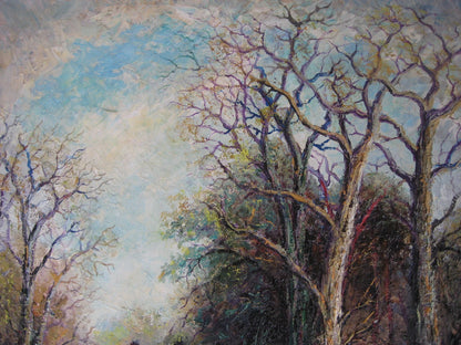 art-decoration-tableau-peinture-huile-toile-scene-chasse-cour-chevaux-foret