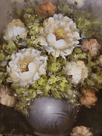 Theresa Domberg (XX) peinture à l'huile sur toile panneau bois nature morte aux fleurs cadre ovale