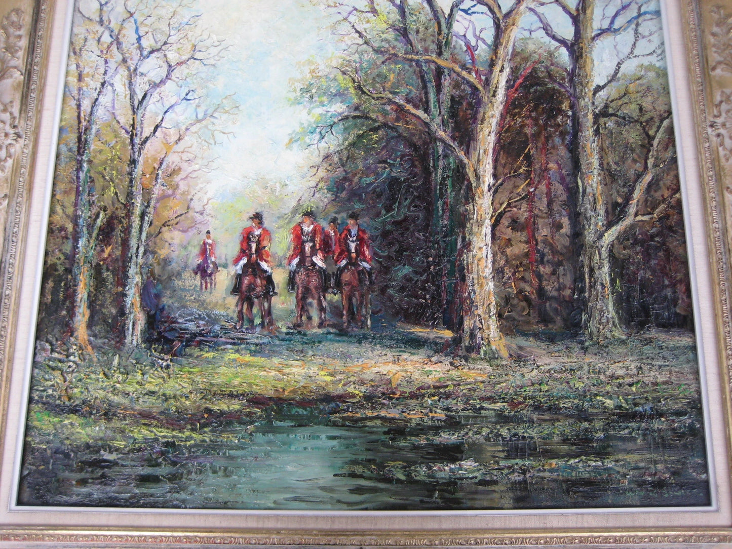 art-decoration-tableau-peinture-huile-toile-scene-chasse-cour-chevaux-foret