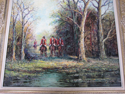 art-decoration-tableau-peinture-huile-toile-scene-chasse-cour-chevaux-foret