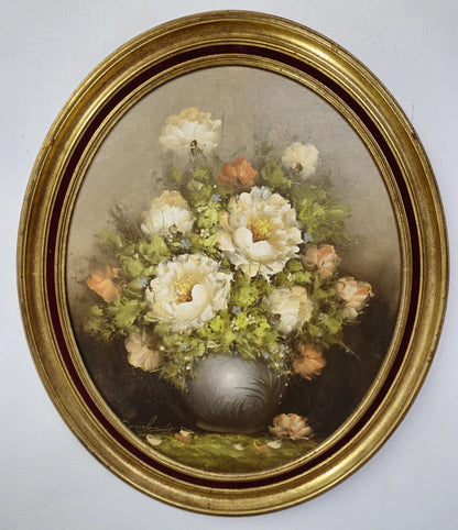 Theresa Domberg (XX) peinture à l'huile sur toile panneau bois nature morte aux fleurs cadre ovale