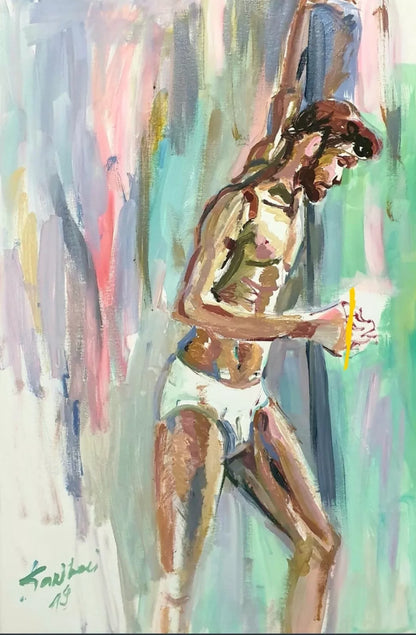 art-decoration-tableau-peinture-moderne-huile-toile-portrait-masculin-homme-jeune-barbu-slip-blanc