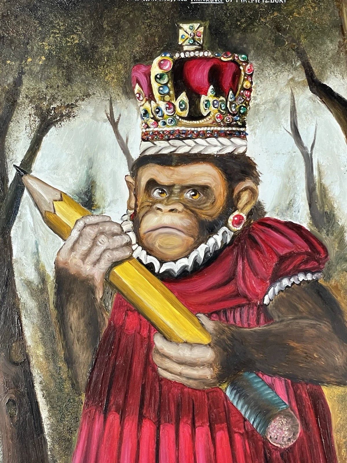 Tableau huile sur bois-d'après Donald Roller Wilson- fille-Beverly-singe