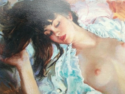 art-decoration-erotique-tableau-peinture-huile-toile-femme-denudée-seins nus-poitrine-endormie