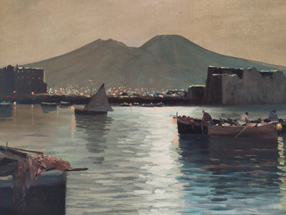 Paysage Nocturne Baie de Naples Marina Grande Peinture à Huile Années 50 signée