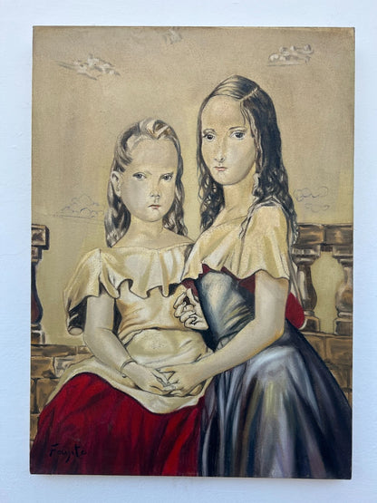 art-decoration-tableau-peinture-huile-toile-moderne-portrait-petite-fille-personnage-enfant-deux-soeurs-d'aprés Tsuguharu Foujita