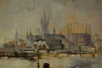 1900-1930 Tableau ancien Port de Hambourg, signé Johannes Kuhn, huile 117,5x86cm