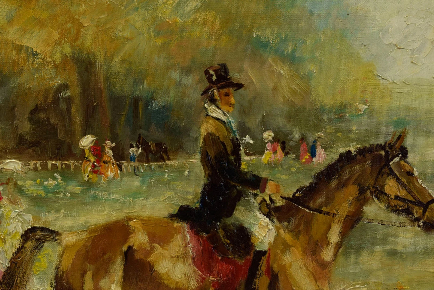 Tableau ancien, rencontre sociale, champ de courses chevaux huile, signé, 80,5 x 70,5 cm