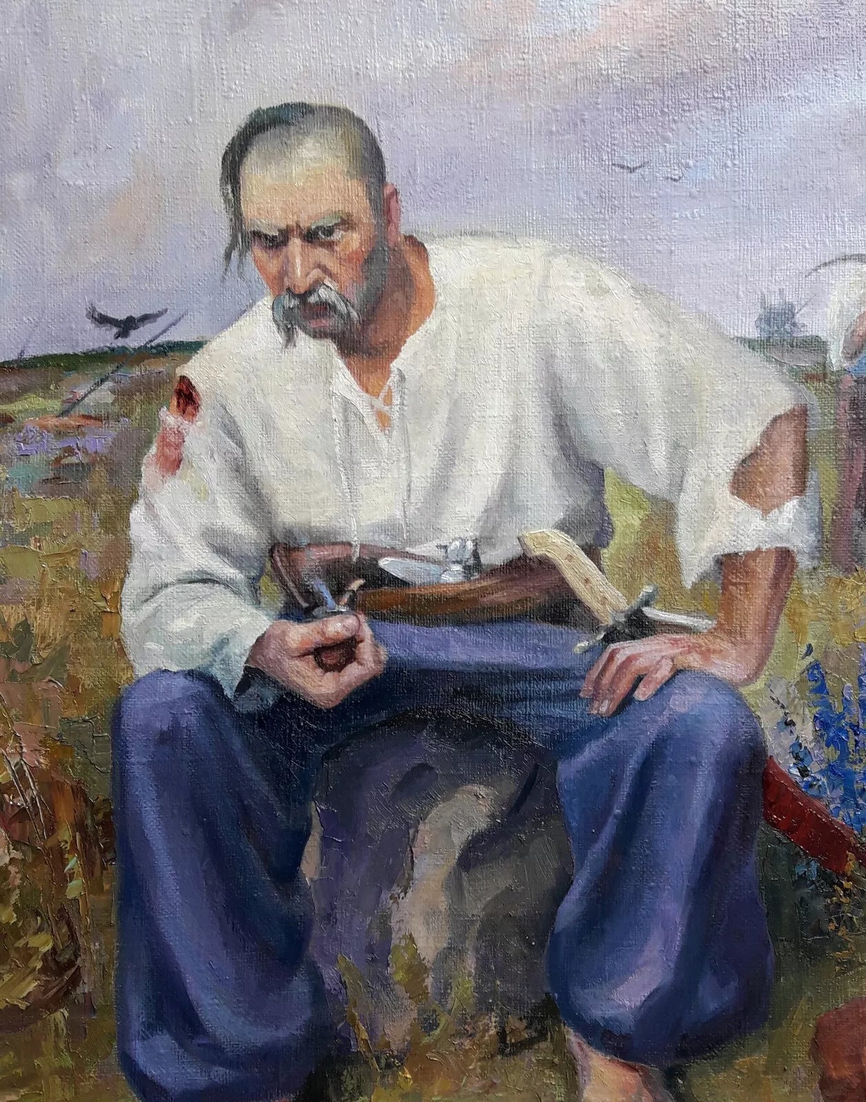 art-portrait-peinture-huile-toile-cosaque-chemise-blanche