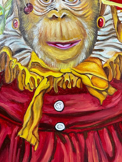 art-decoration-tableau-peinture-huile-toile-surrealisme-portrait-singe-fruits-d'apres Donald Roller