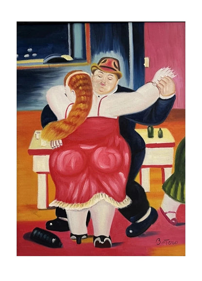 art-decoration-tableau-peinture-huile-toile-portrait-femme-rousse-homme-danseur-d'apres Botero