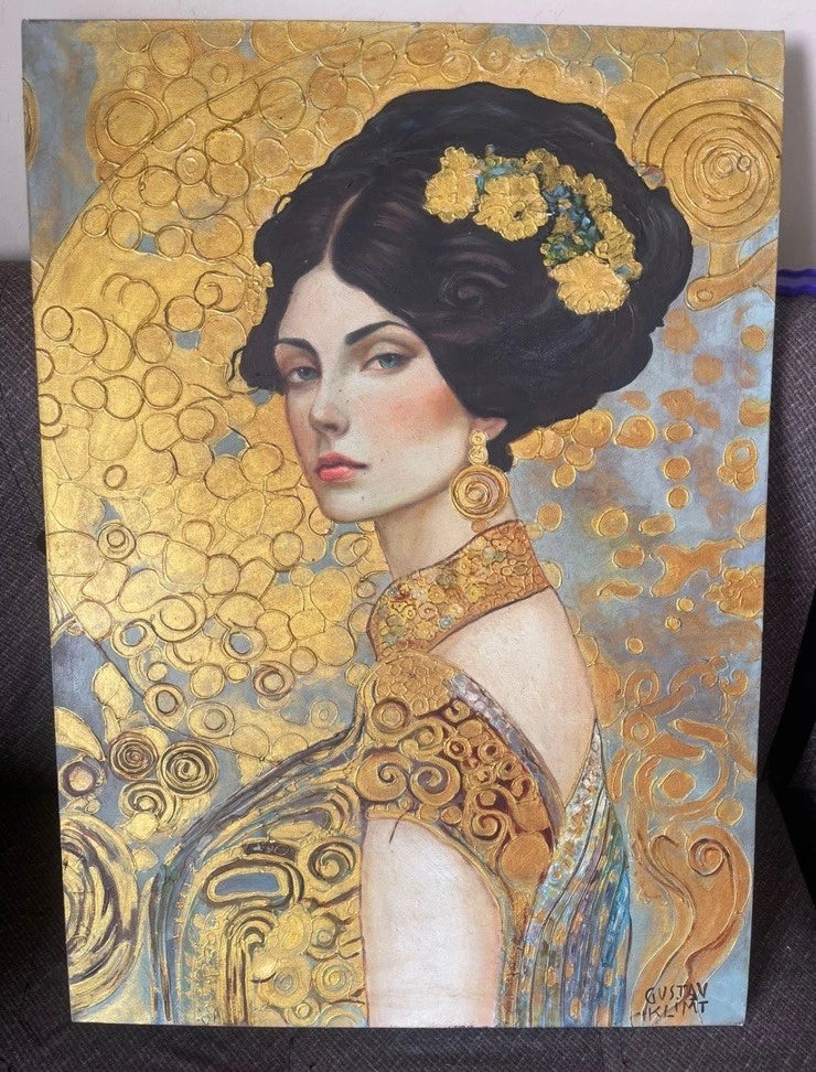 art-decoration-tableau-peinture-huile-toile-portrait-feminin-femme-brune-fleurs-à la manière de Klimt
