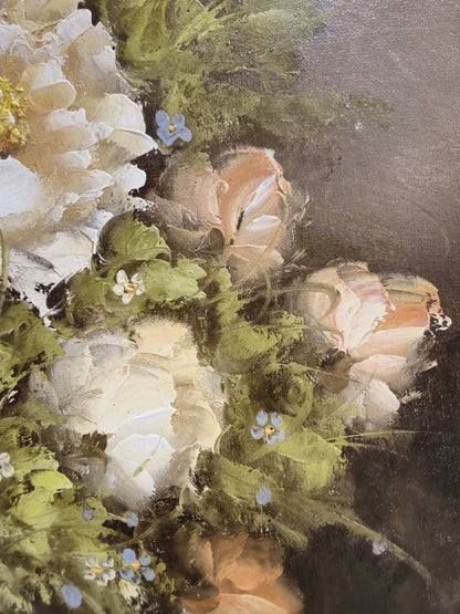 Theresa Domberg (XX) peinture à l'huile sur toile panneau bois nature morte aux fleurs cadre ovale