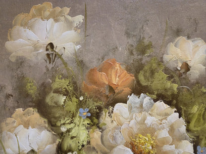 Theresa Domberg (XX) peinture à l'huile sur toile panneau bois nature morte aux fleurs cadre ovale