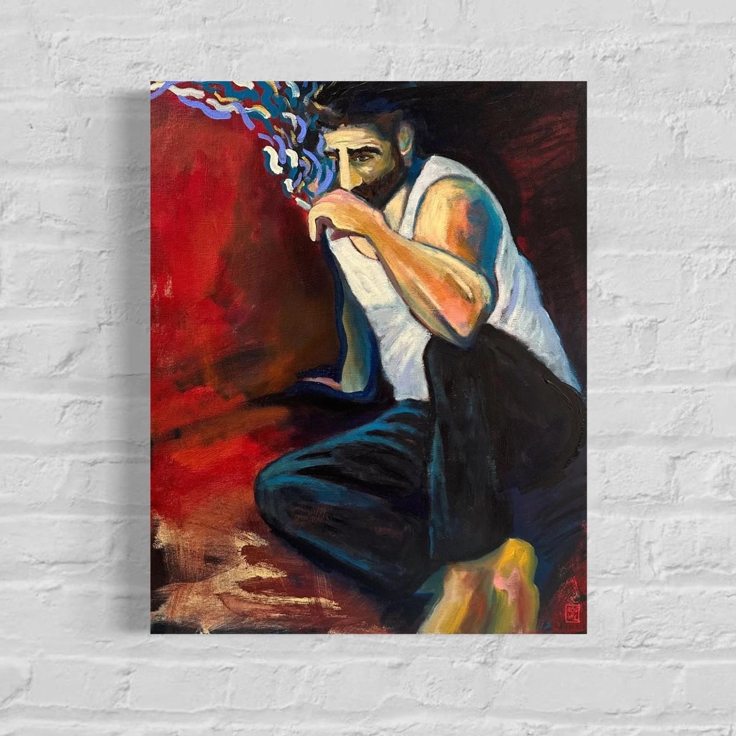 art-decoration-tableau-peinture-huile-toile-portrait-homme-barbu-sexy-cigarette