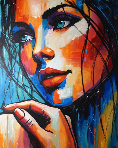 portrait feminin femme yeux bleux tableau peinture huile sur toile signée