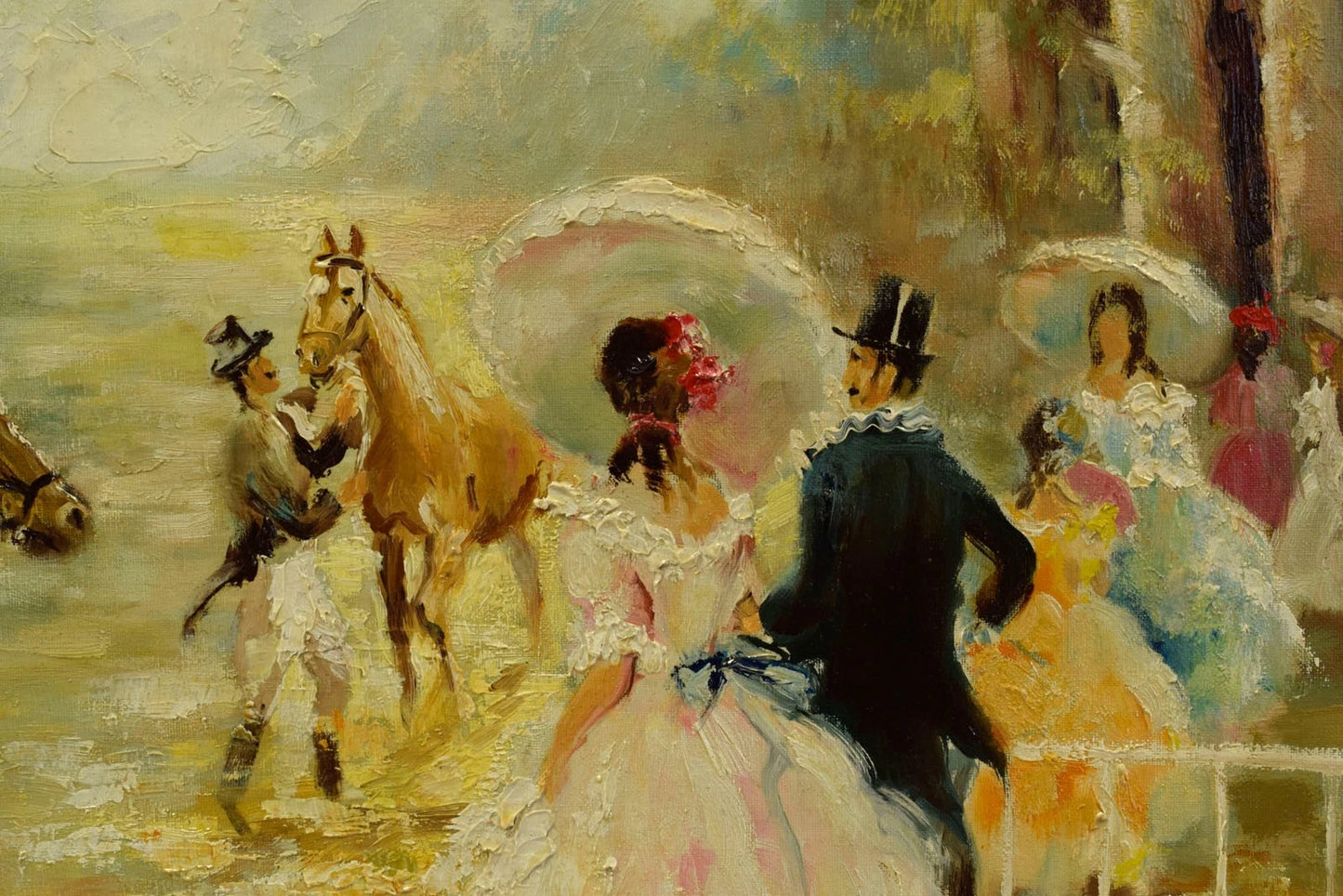 Tableau ancien, rencontre sociale, champ de courses chevaux huile, signé, 80,5 x 70,5 cm