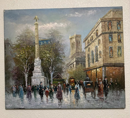 art-decoration-tableau-peinture-huile-toile--paysage-scene-personnages-rue-Paris