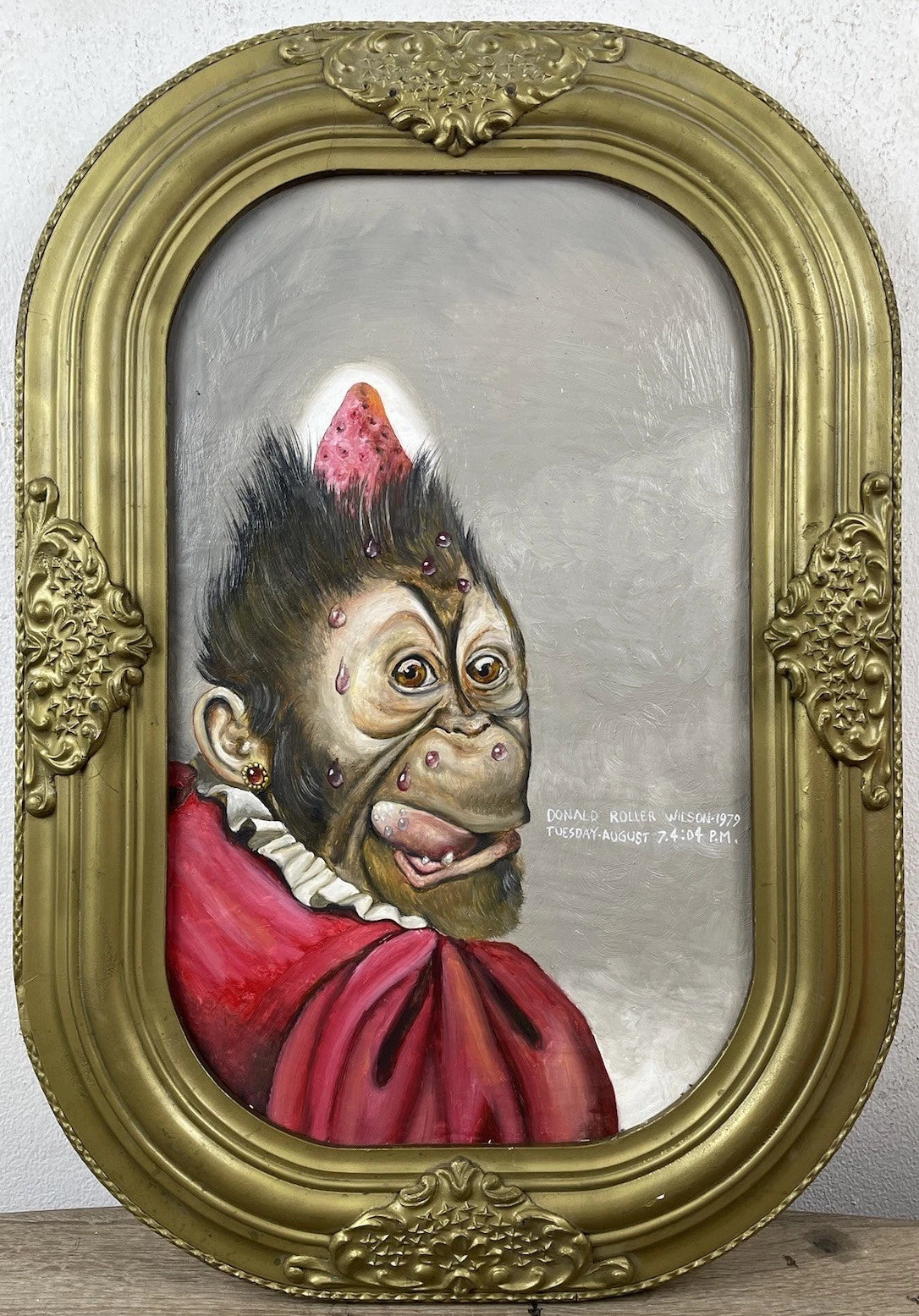 art-decoration-tableau-peinture-huile-toile-surrealisme-portrait-singe-fraise-d'apres Donald Roller