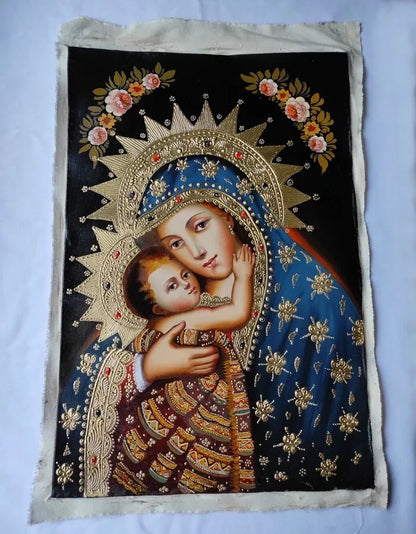 art-decoration-tableau-peinture-huile-toile-portrait-religieux-sainte-vierge-marie-enfant-jesus-cuzco