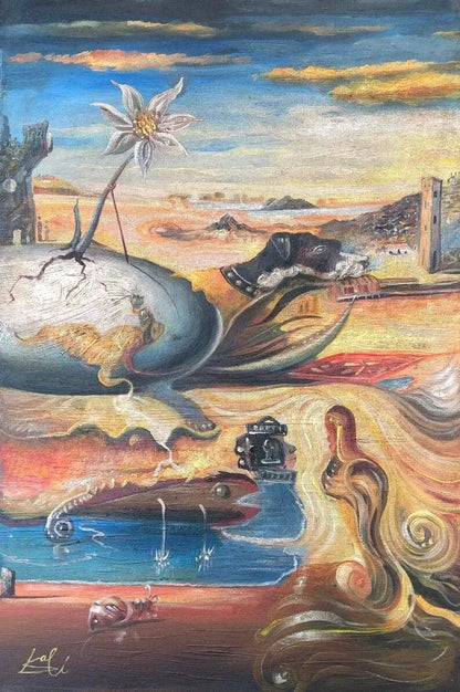 art-decoration-tableau-peinture-huile-toile-surrealisme-scene-personnages-chien