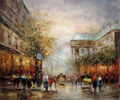 art-scène-rue-Paris-France-personnages-fiacre-peinture-huile-toile