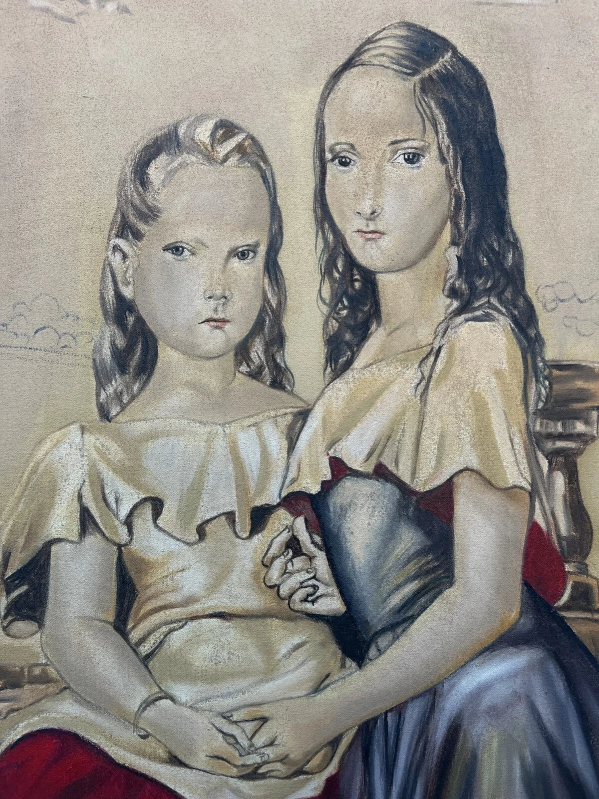 art-decoration-tableau-peinture-huile-toile-moderne-portrait-petite-fille-personnage-enfant-deux-soeurs-d'aprés Tsuguharu Foujita