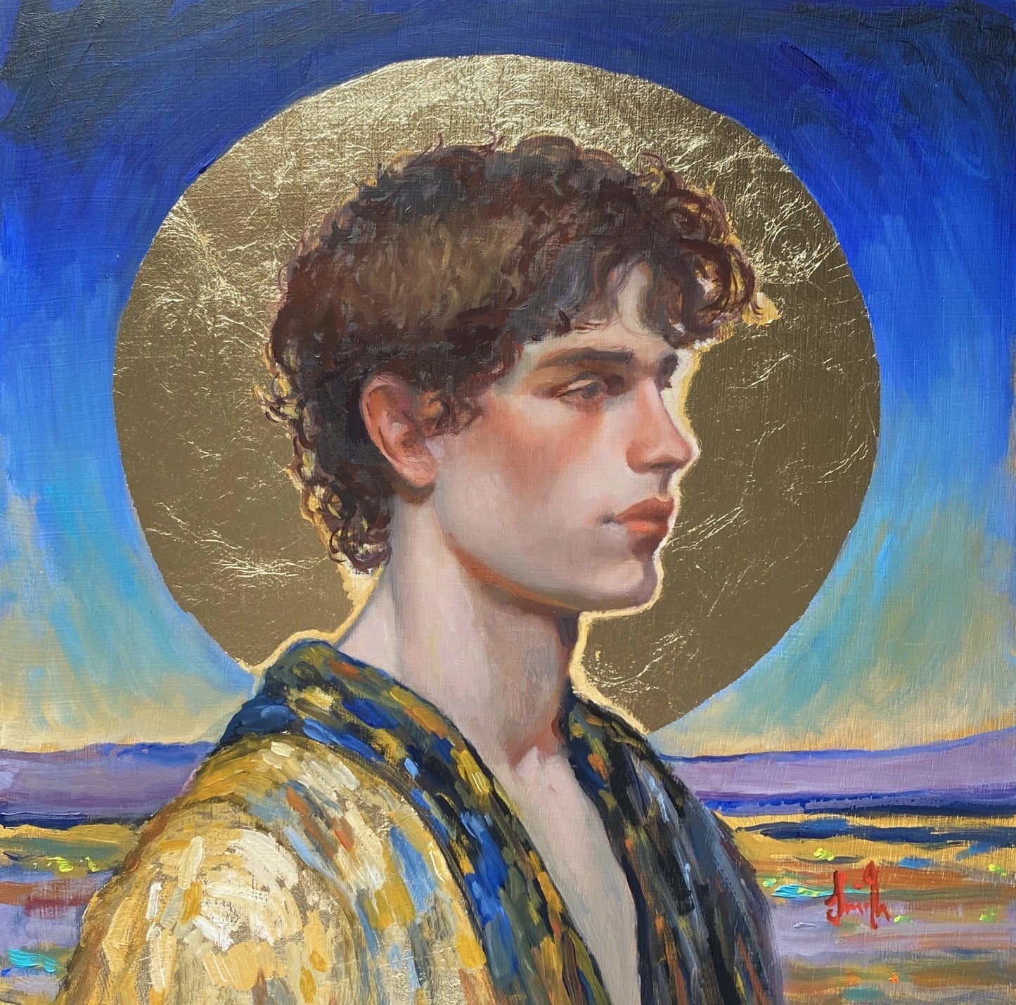 Peinture à l'huile originale d'un jeune homme inspiré de Klimt, sur panneau de bois doré à la feuille d'or.