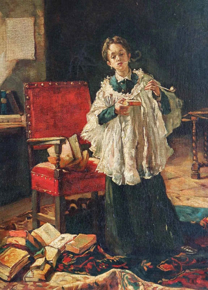 art-scene-vie-portrait-prelat-fume-pipe-peinture-huile-toile-cadre