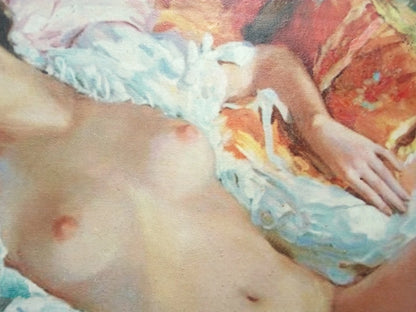 art-decoration-erotique-tableau-peinture-huile-toile-femme-denudée-seins nus-poitrine-endormie