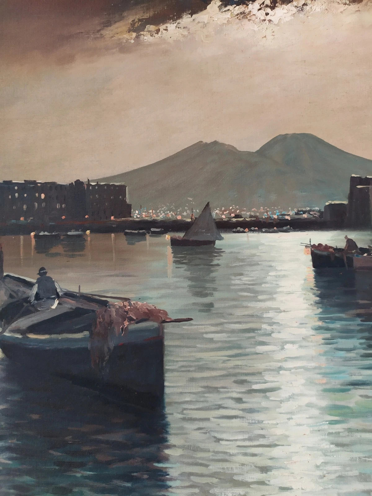 Paysage Nocturne Baie de Naples Marina Grande Peinture à Huile Années 50 signée