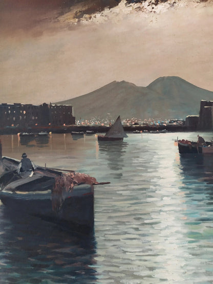 Paysage Nocturne Baie de Naples Marina Grande Peinture à Huile Années 50 signée