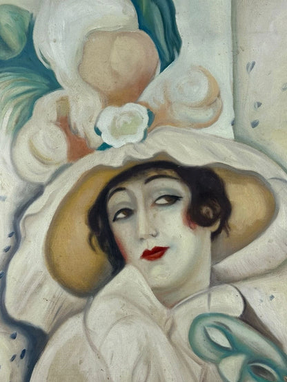 art-decoration-tableau-peinture-huile-toile-moderne-portrait-feminin-femme-personnage-chapeau-masque-d'aprés Gerda Wegener