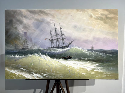 art-decoration-tableau-peinture-huile-toile-scene-rayon-soleil-mer-vague-tempete