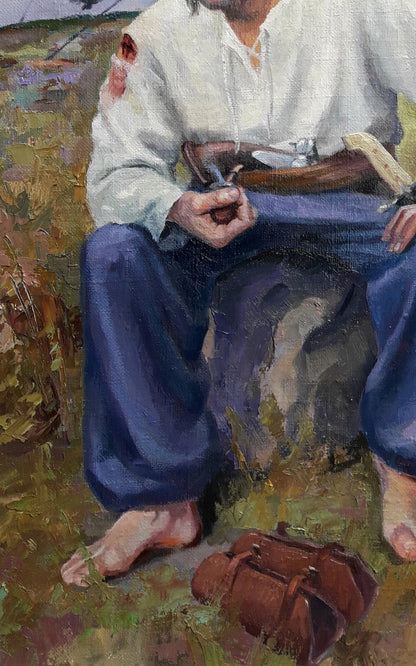 art-portrait-peinture-huile-toile-cosaque-chemise-blanche