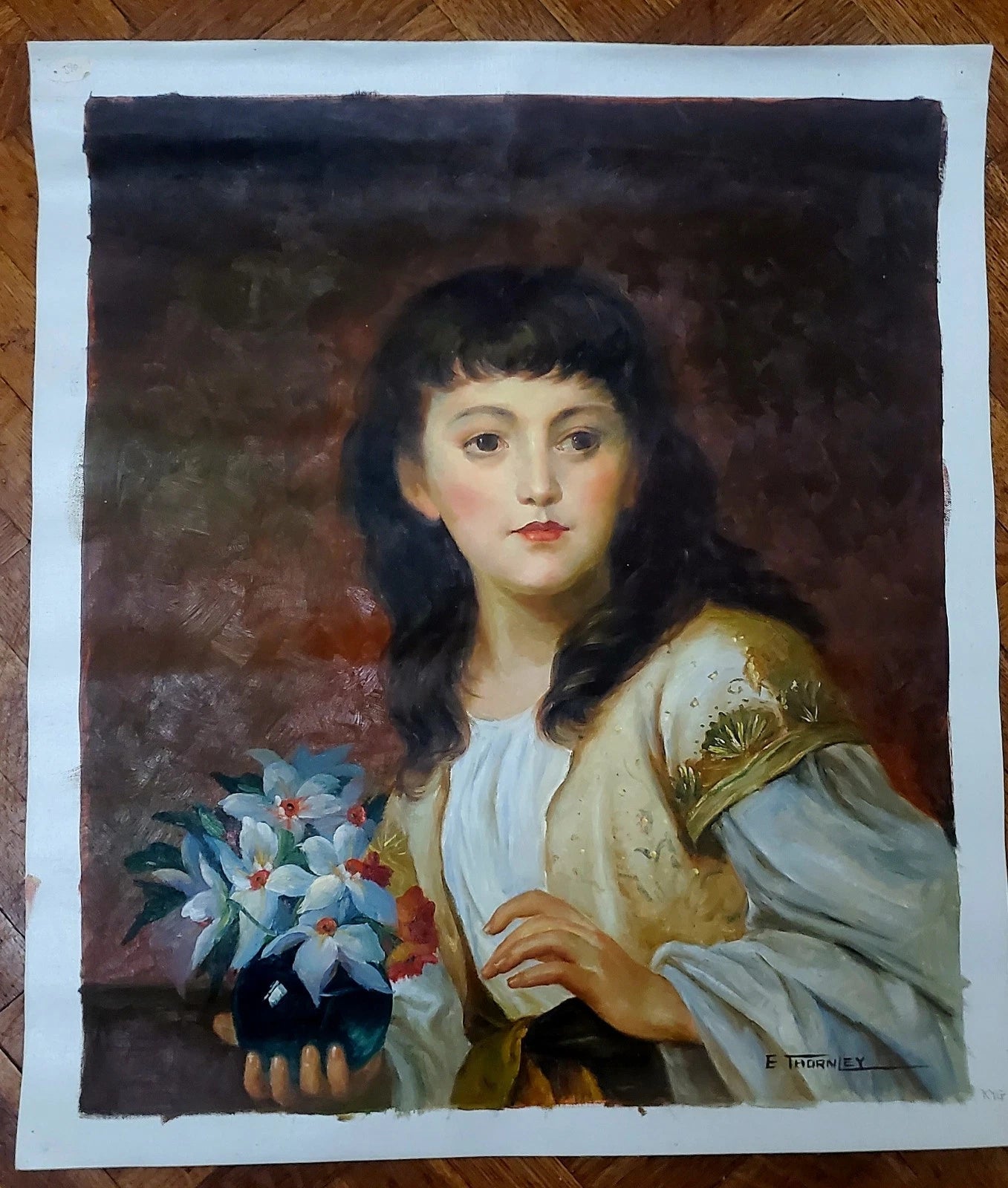 art-decoration-tableau-peinture-huile-toile-portrait jeune fille-fleurs bleues