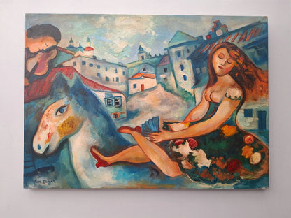 art-decoration-tableau-peinture-huile-toile-scene-personnages-d'après chagall